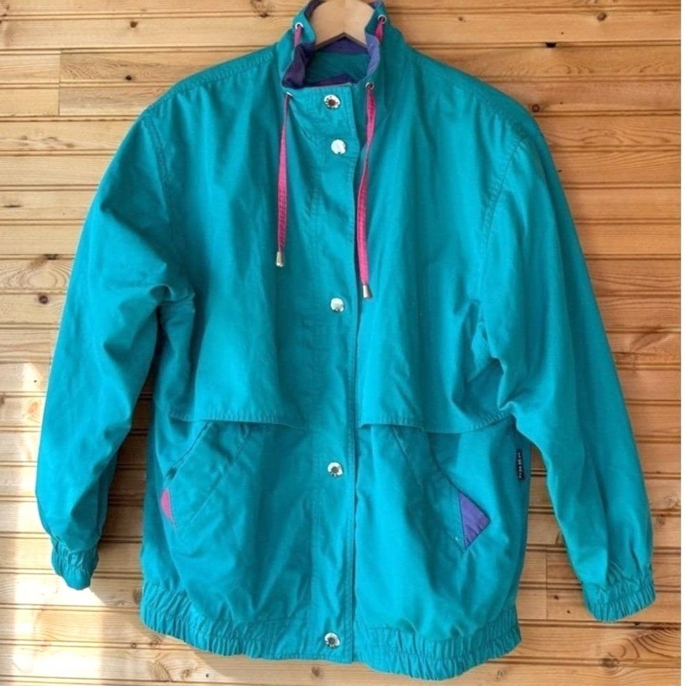 VTG 80s Windbreaker Turquoise Pink Purple Geometric 2XL Izzi Colorblock Tubular